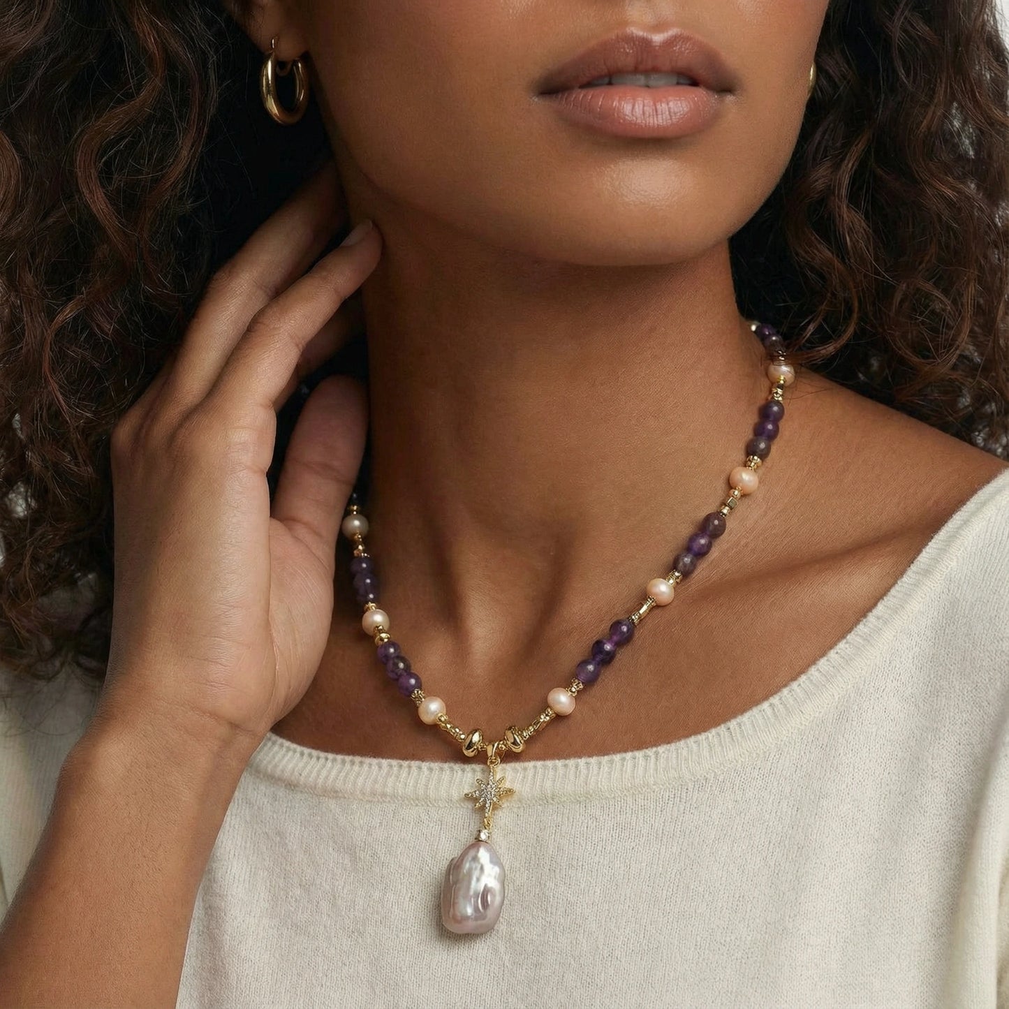 Annabel Lee Amethyst Pearl Necklace by Angelus Noctra