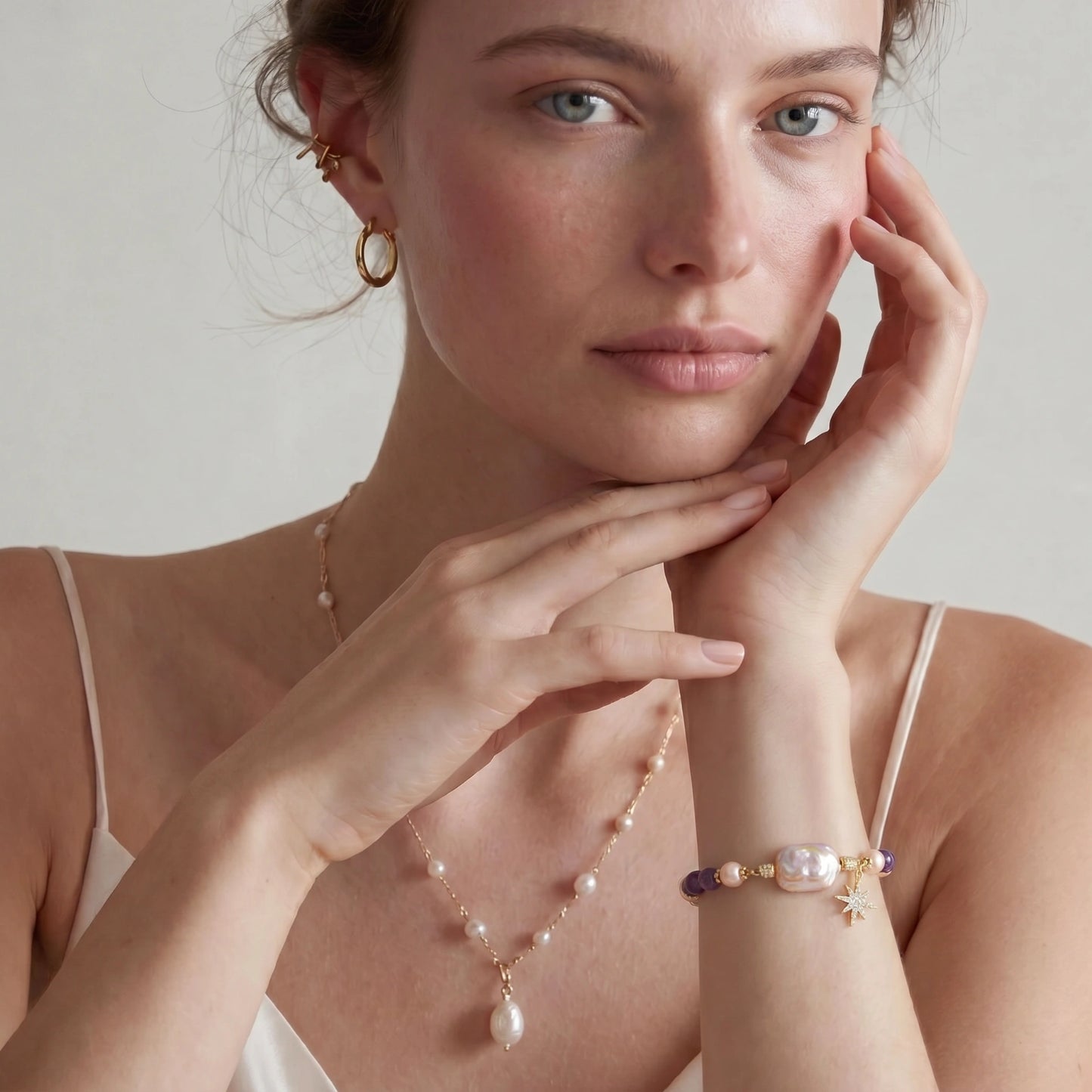 Annabel Lee Celestial Amethyst Pearl Bracelet by Angelus Noctra