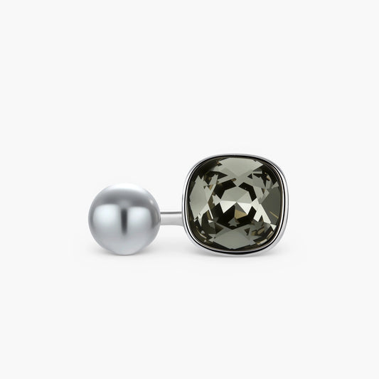 Modern adjustable ring with smoky zircon stone and metallic sphere in platinum-plated copper finish on neutral background.