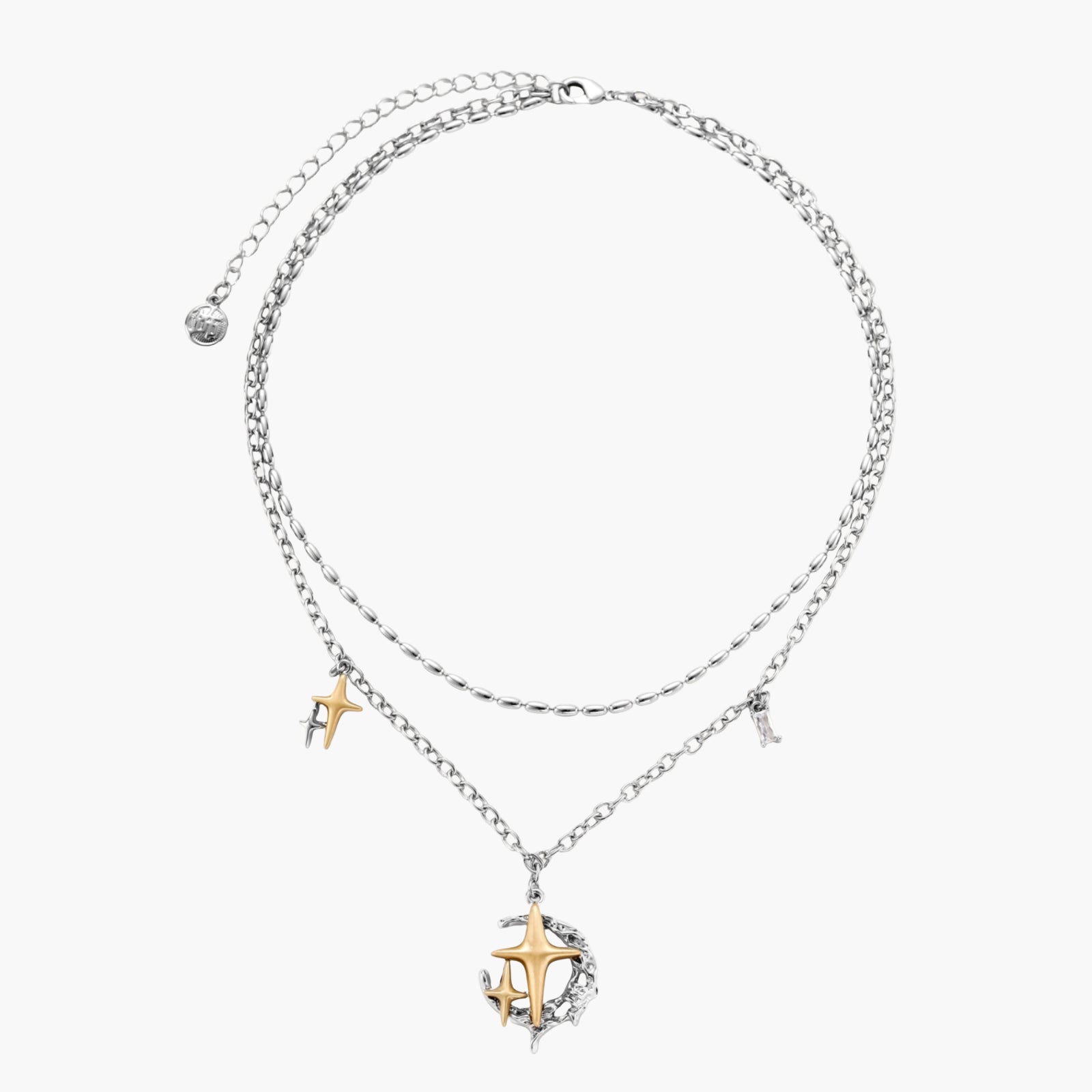 Layered silver-tone necklace set featuring star charms and crescent moon pendant with eco-friendly zinc alloy construction