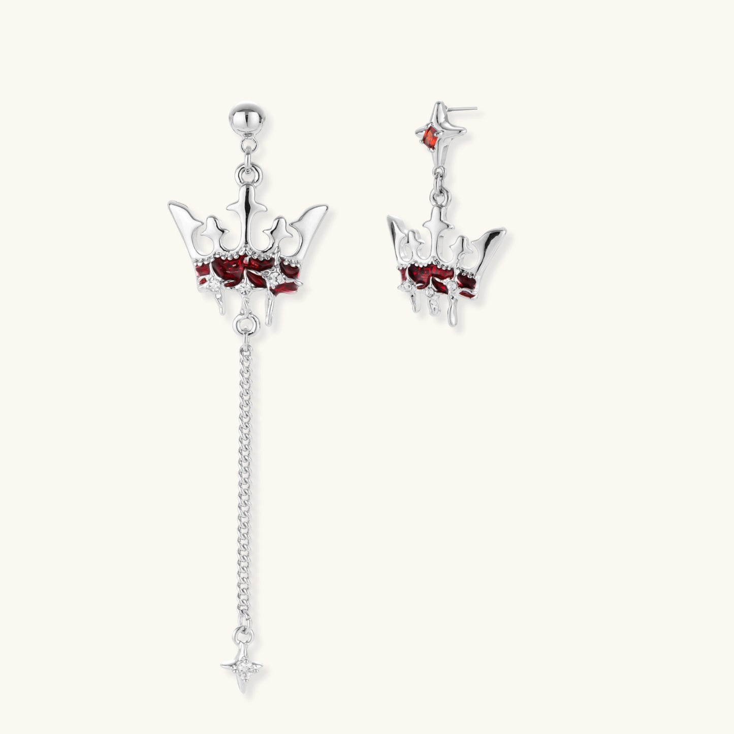 Jeanne Blood Crown Asymmetric Earrings by Angelus Noctra