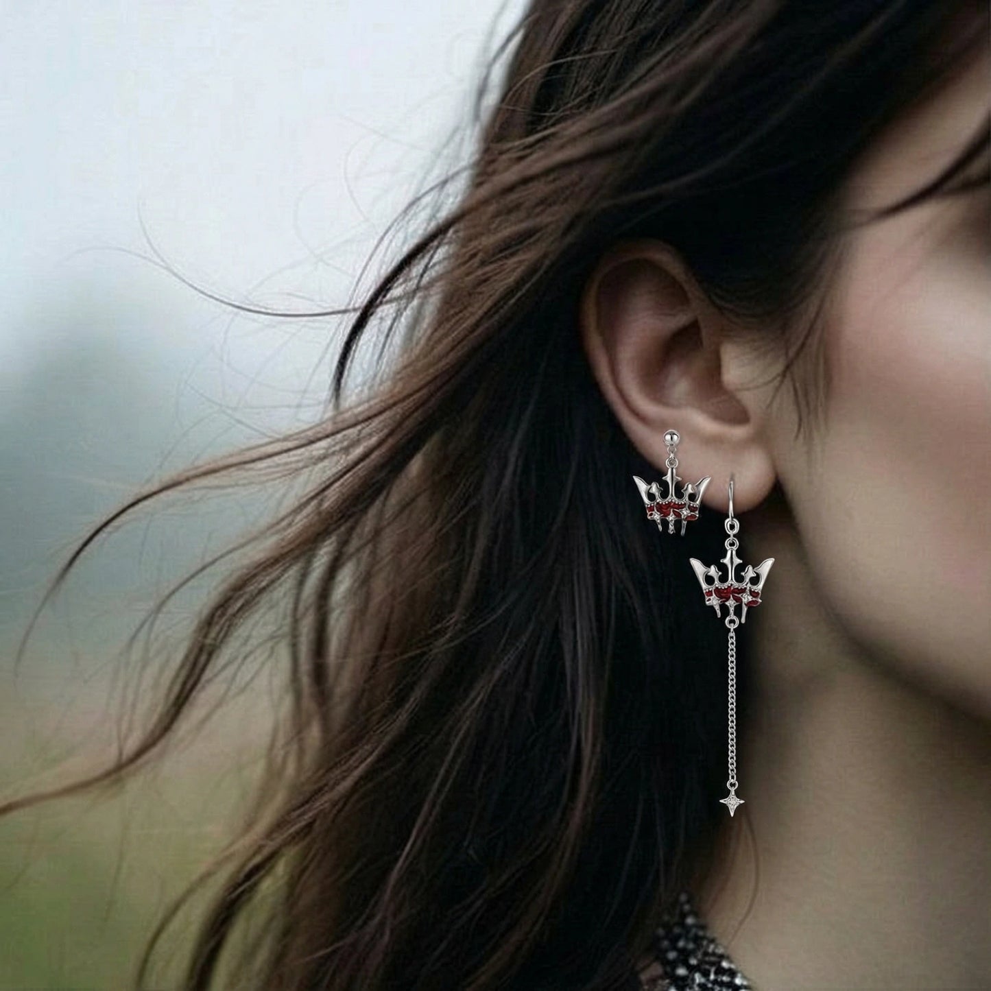 Jeanne Blood Crown Asymmetric Earrings by Angelus Noctra
