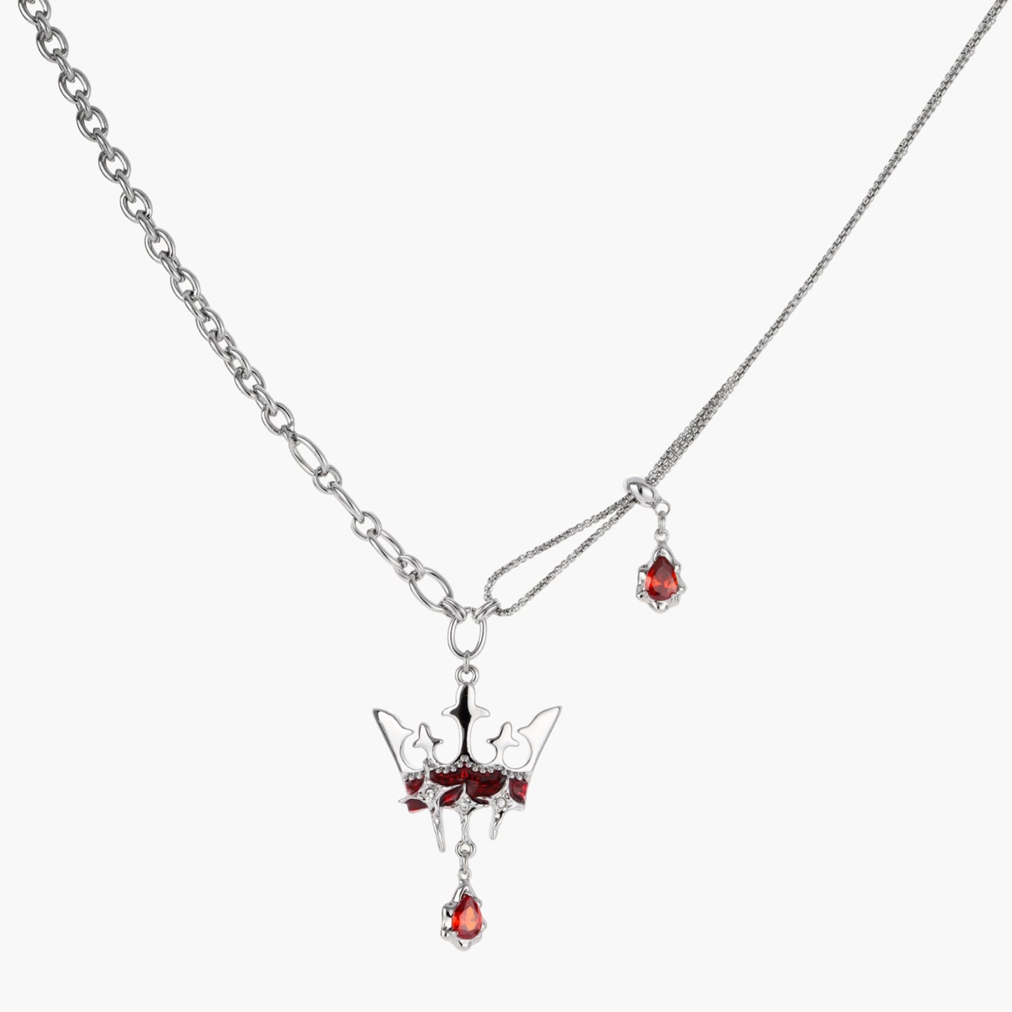 Eco-brass crown pendant necklace with red enamel details and dangling zirconia stone on chunky adjustable chain