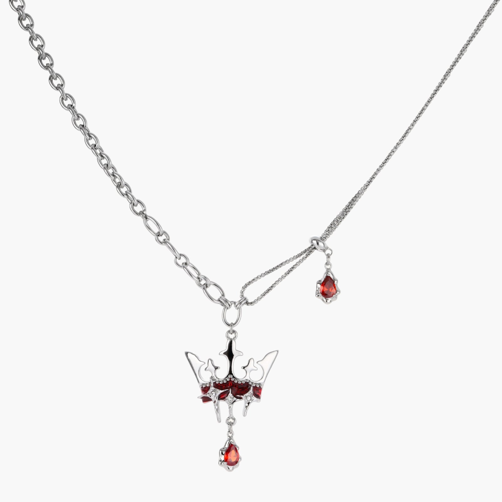 Eco-brass crown pendant necklace with red enamel details and dangling zirconia stone on chunky adjustable chain