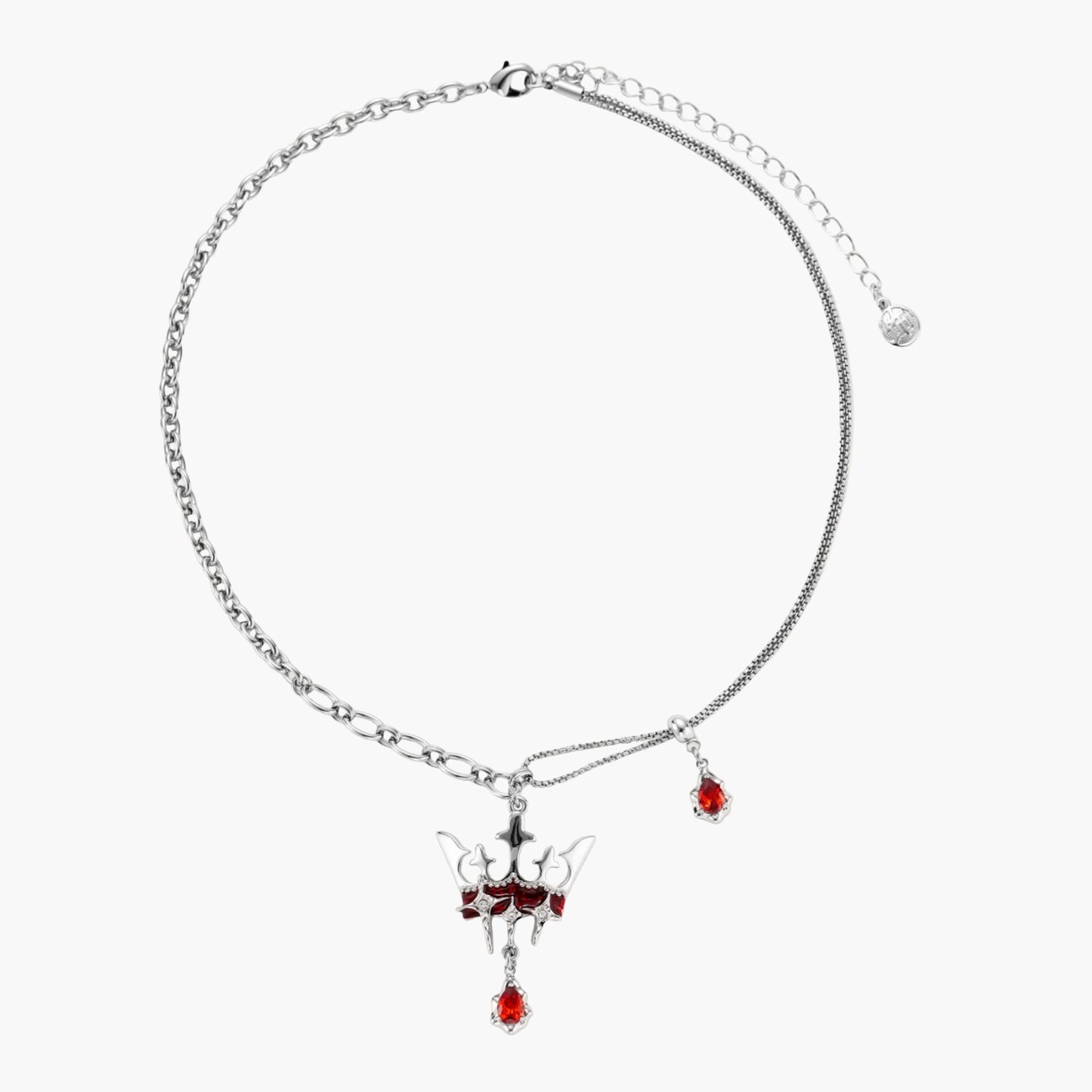 Eco-brass crown pendant necklace with red enamel details and dangling zirconia stone on chunky adjustable chain