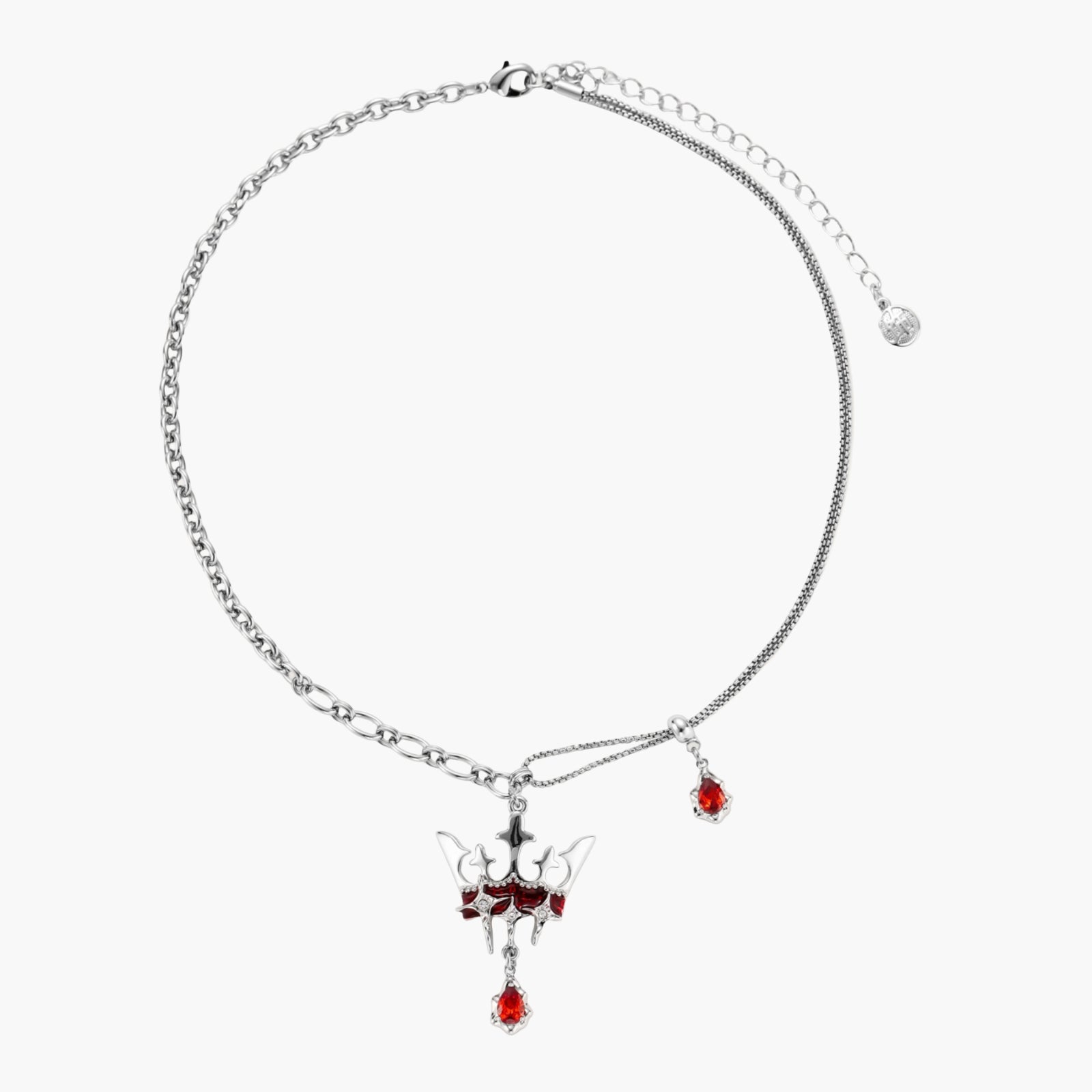 Eco-brass crown pendant necklace with red enamel details and dangling zirconia stone on chunky adjustable chain