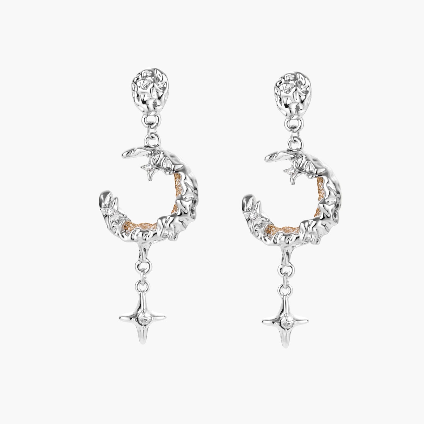 Detailed eco-brass dangle earrings featuring crescent moons with gold rope details and dangling star charms on white background.