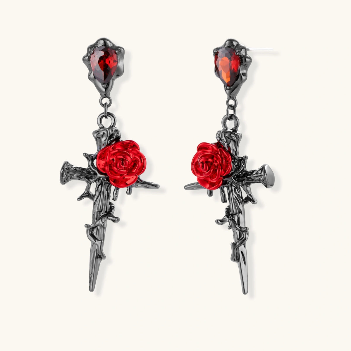 Nevermore Thorned Rose Cross Earrings by Angelus Noctra