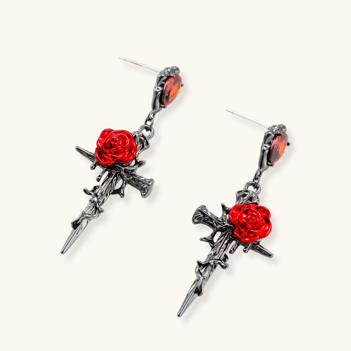Nevermore Thorned Rose Cross Earrings by Angelus Noctra