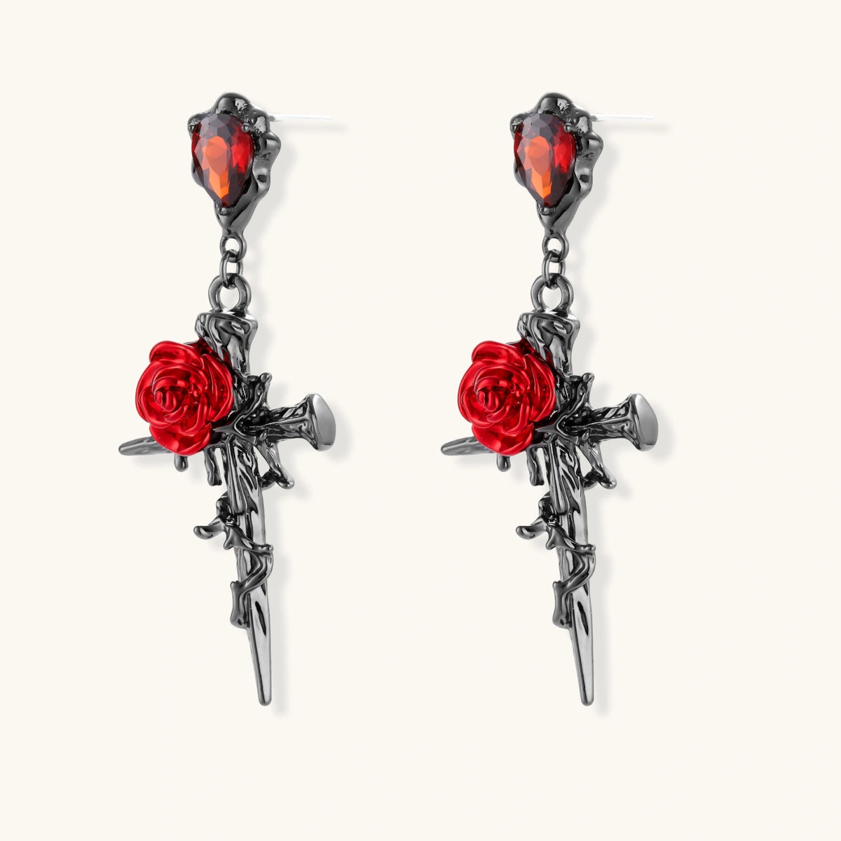 Nevermore Thorned Rose Cross Earrings by Angelus Noctra