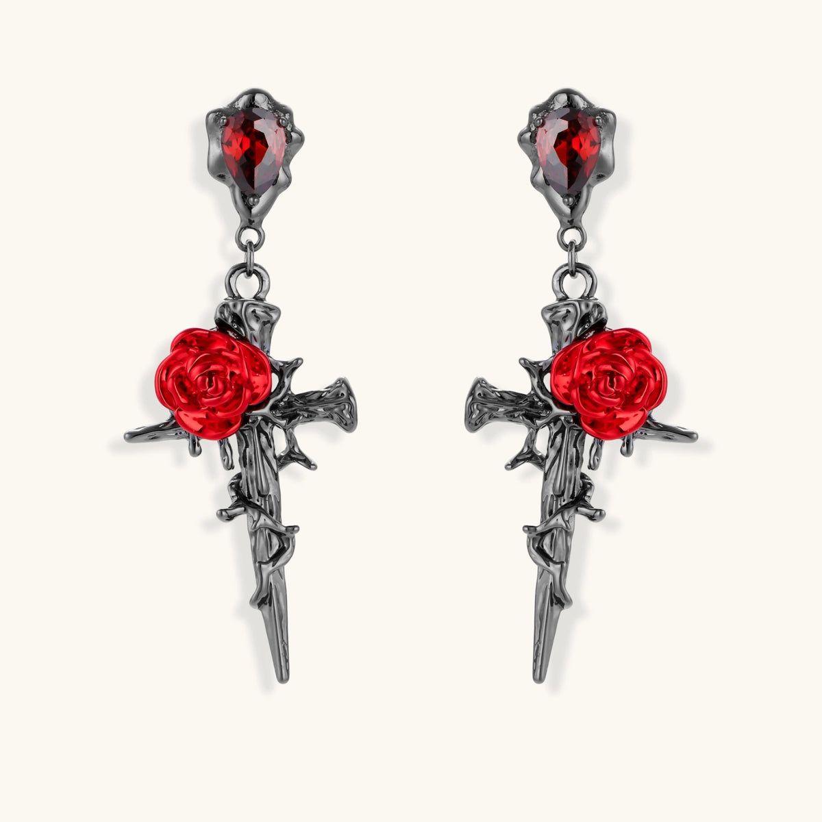 Nevermore Thorned Rose Cross Earrings by Angelus Noctra