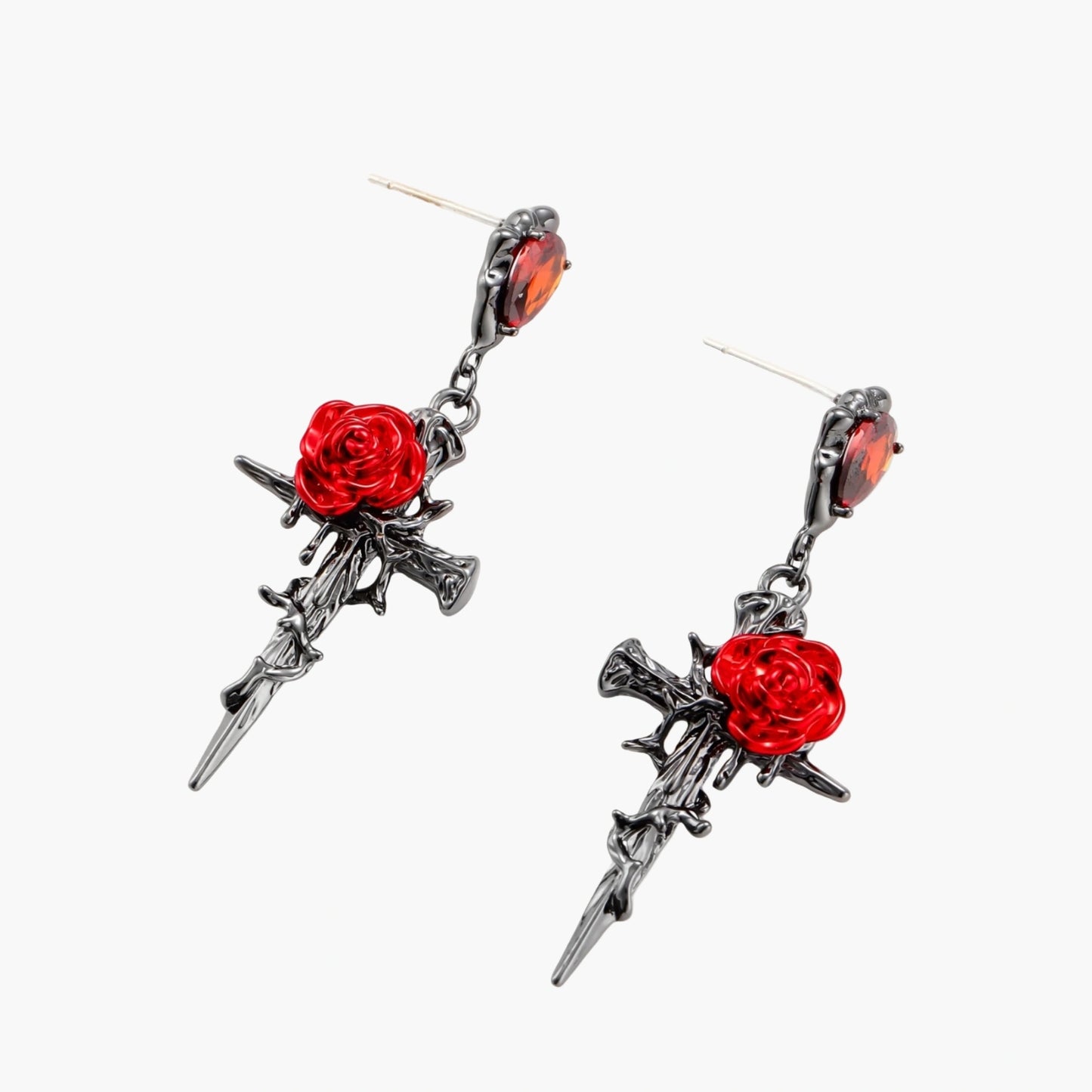 Gothic dagger earrings with red enamel roses and thorny vines in dark gunmetal finish with red zirconia stones