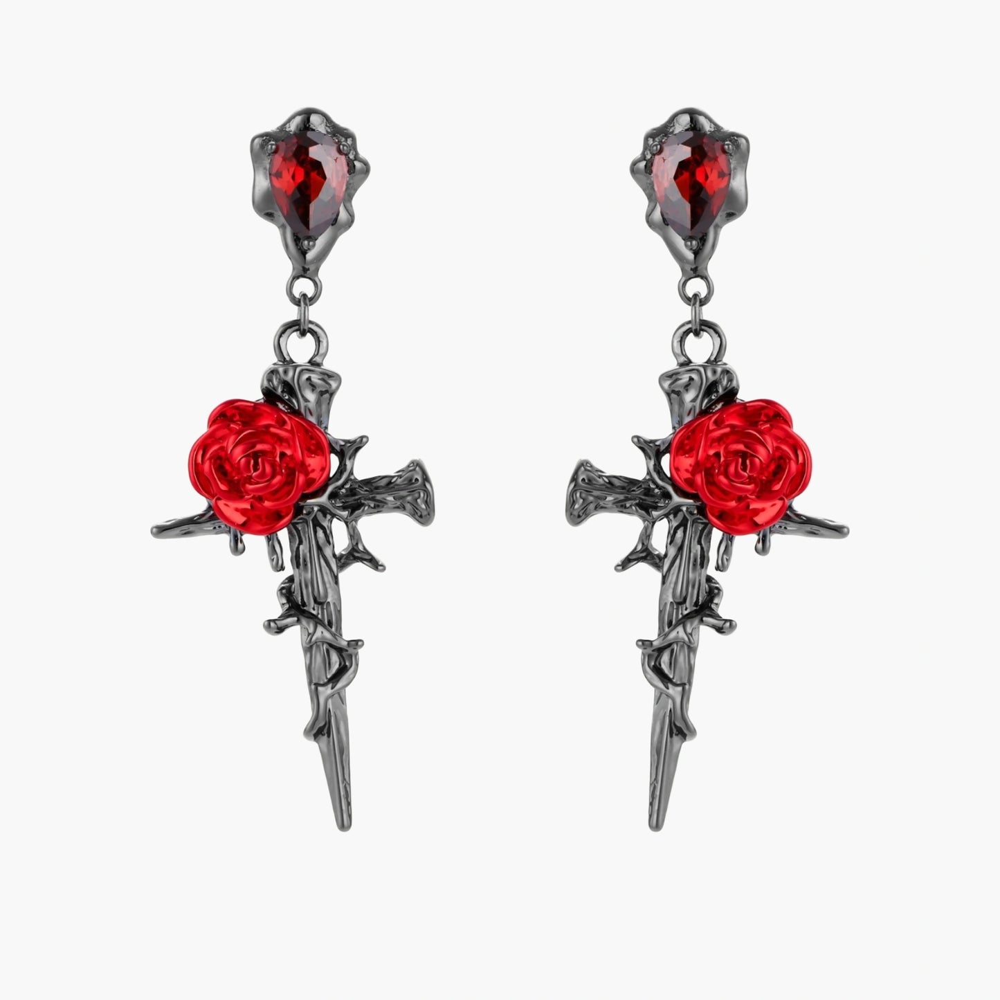 Gothic dagger earrings with red enamel roses and thorny vines in dark gunmetal finish with red zirconia stones
