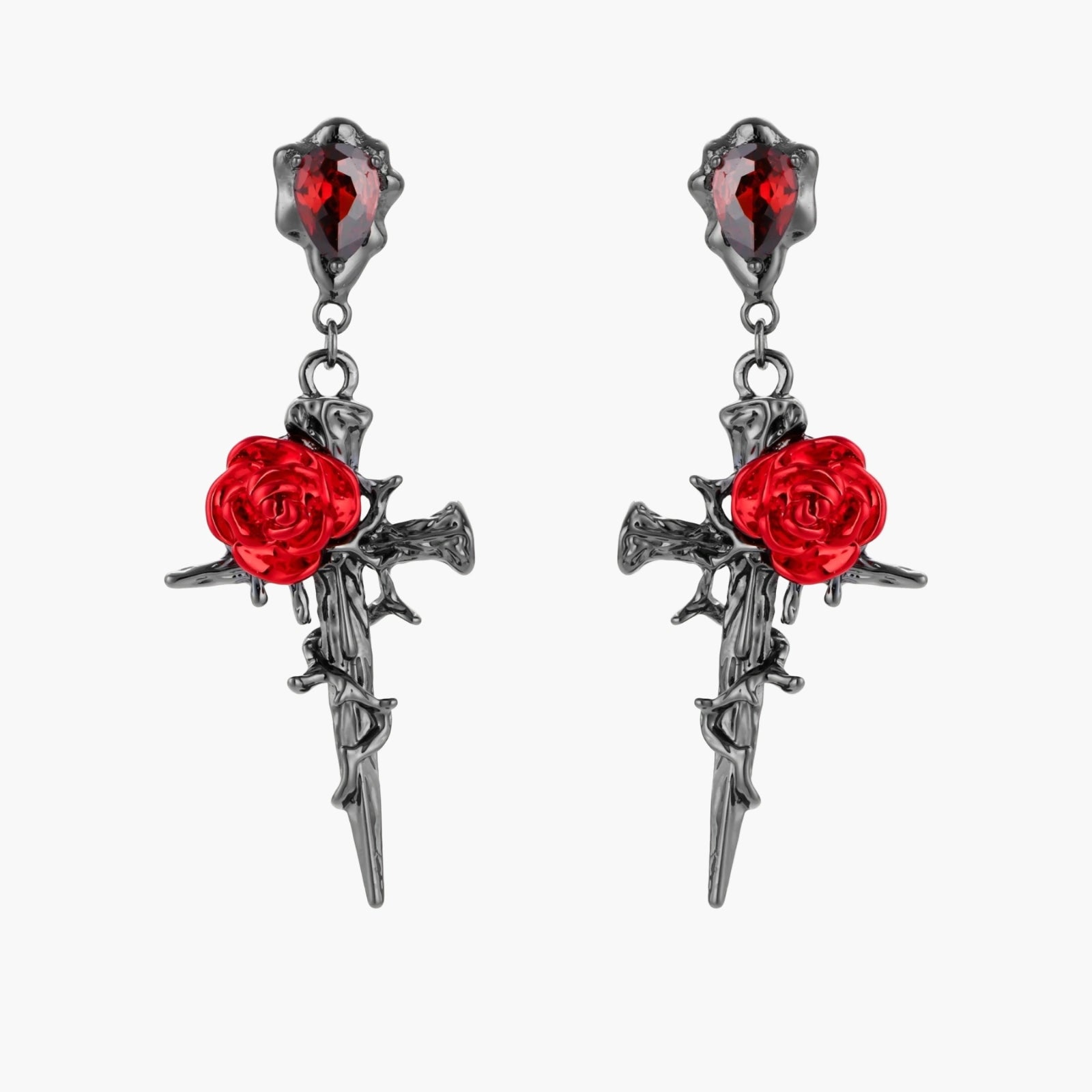 Gothic dagger earrings with red enamel roses and thorny vines in dark gunmetal finish with red zirconia stones