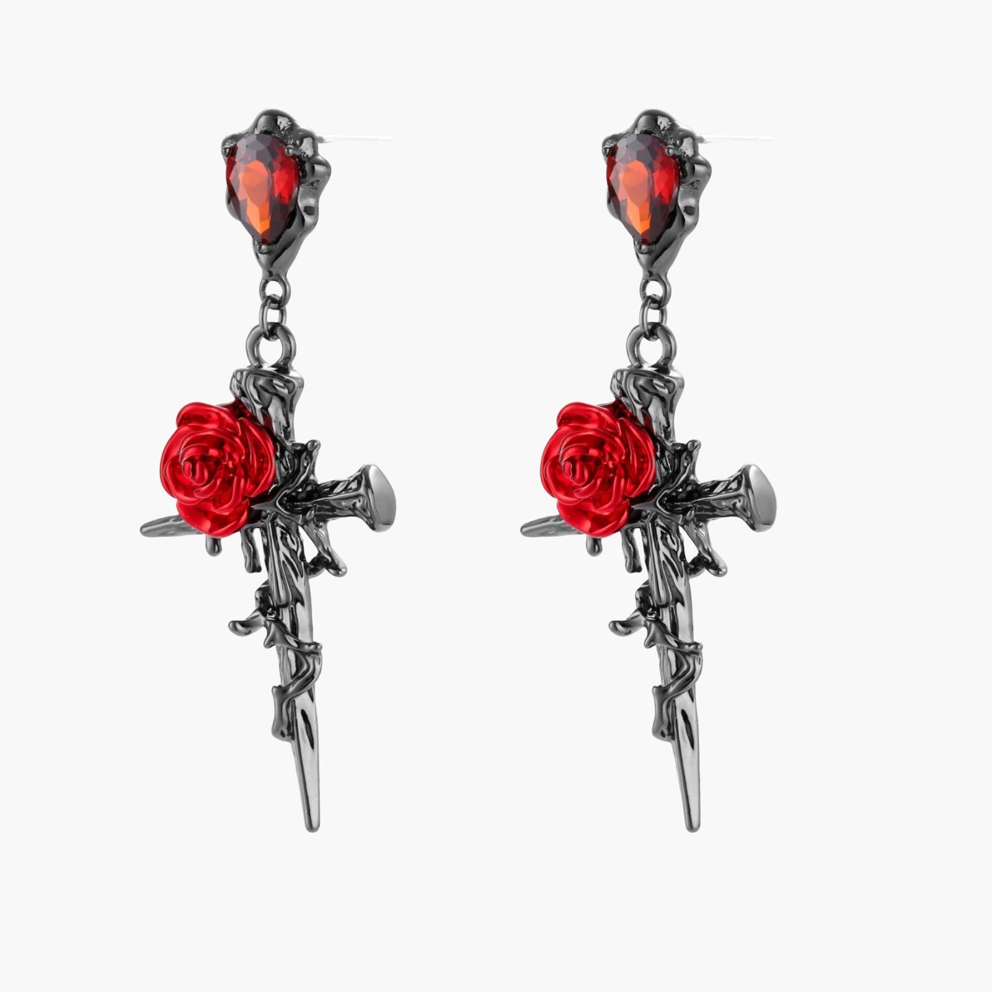 Gothic dagger earrings with red enamel roses and thorny vines in dark gunmetal finish with red zirconia stones
