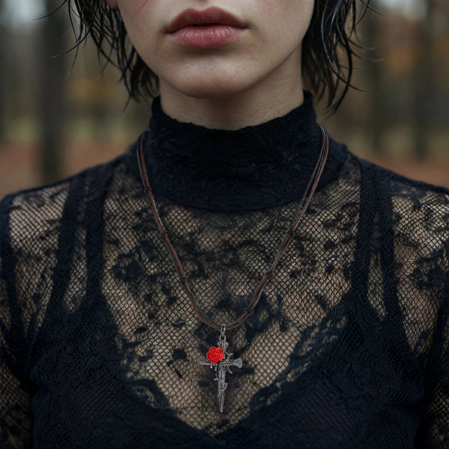 Nevermore Thorn Rose Cross Necklace by Angelus Noctra