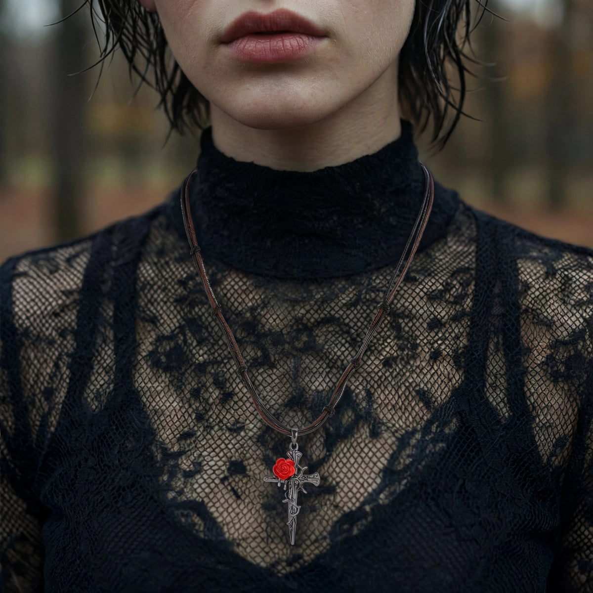 Nevermore Thorned Rose Cross Necklace by Angelus Noctra