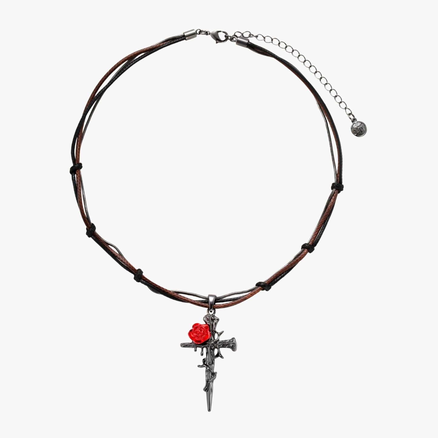 Gothic cross pendant with red enamel rose and thorn details on adjustable brown cord necklace against white background.