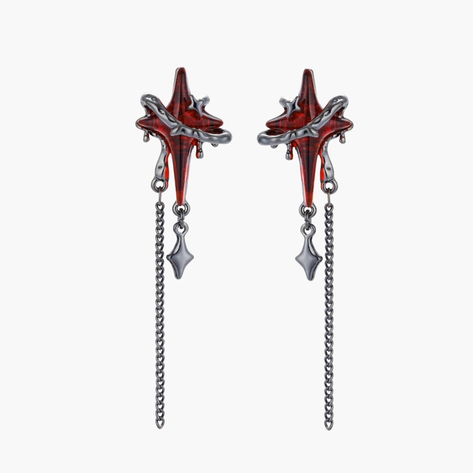 Gothic red resin dagger earrings with silver chain details and S925 posts on white background