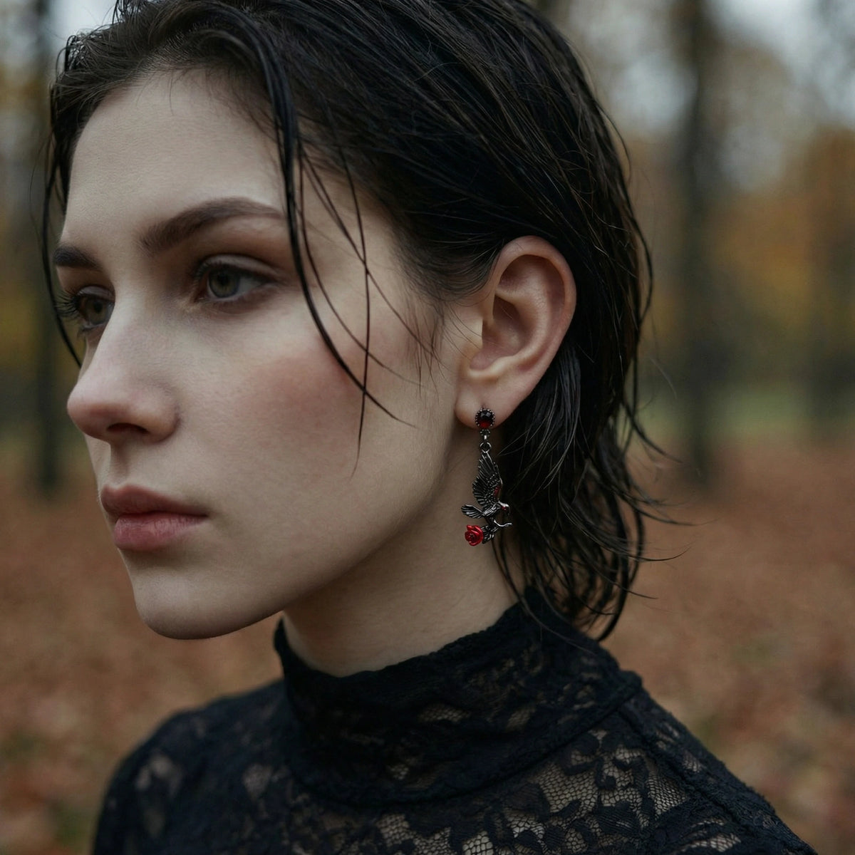 Nevermore Raven Rose Earrings by Angelus Noctra
