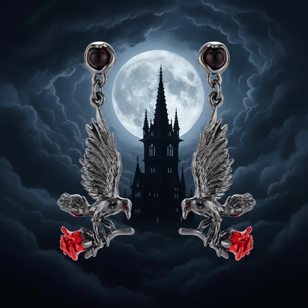 Dark gunmeta silverl jewelry set featuring detailed raven pendants carrying red enamel roses with layered pearl and chain necklaces