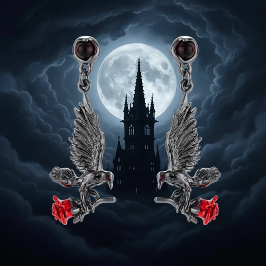 Dark gunmeta silverl jewelry set featuring detailed raven pendants carrying red enamel roses with layered pearl and chain necklaces