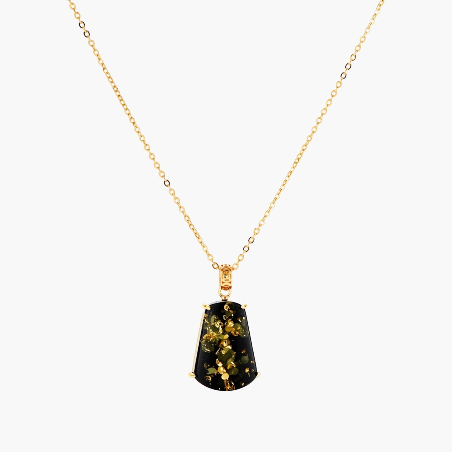 18k gold-plated necklace and earrings with green amber pendants featuring golden inclusions on cream background