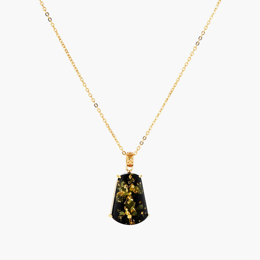 18k gold-plated necklace and earrings with green amber pendants featuring golden inclusions on cream background