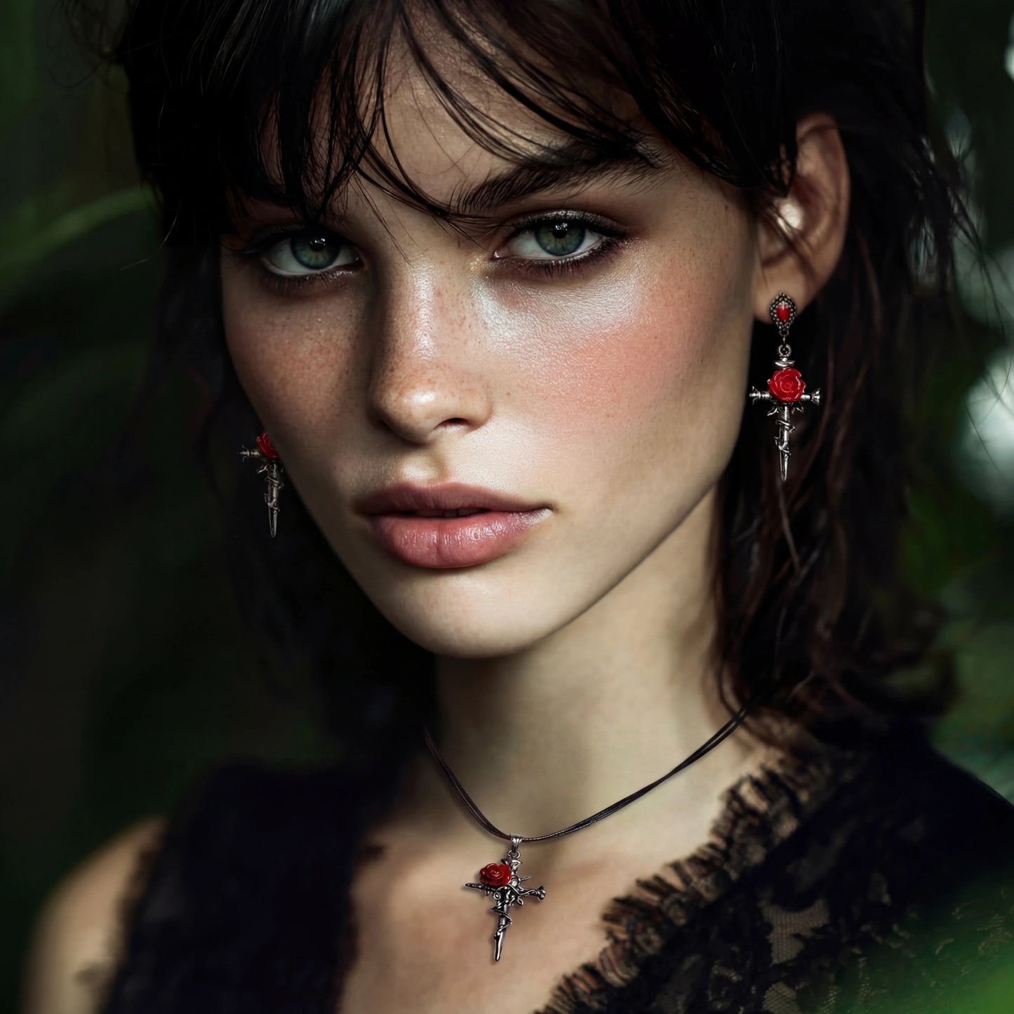 Nevermore Thorned Rose Cross Set by Angelus Noctra
