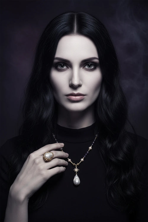 Woman wearing jewelry including a necklace, ring, and earrings against a beige background