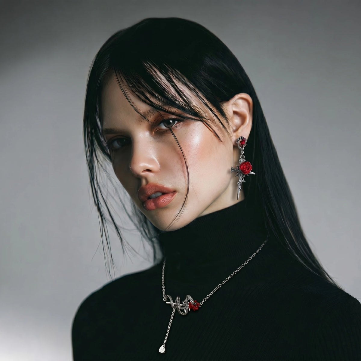 Nevermore Thorned Rose Cross Earrings by Angelus Noctra