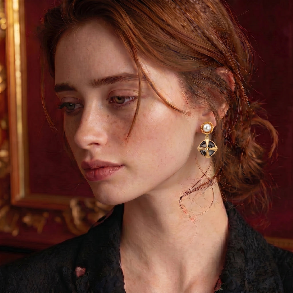 Madeline Pearl + Abalone Cross Earrings by Angelus Noctra