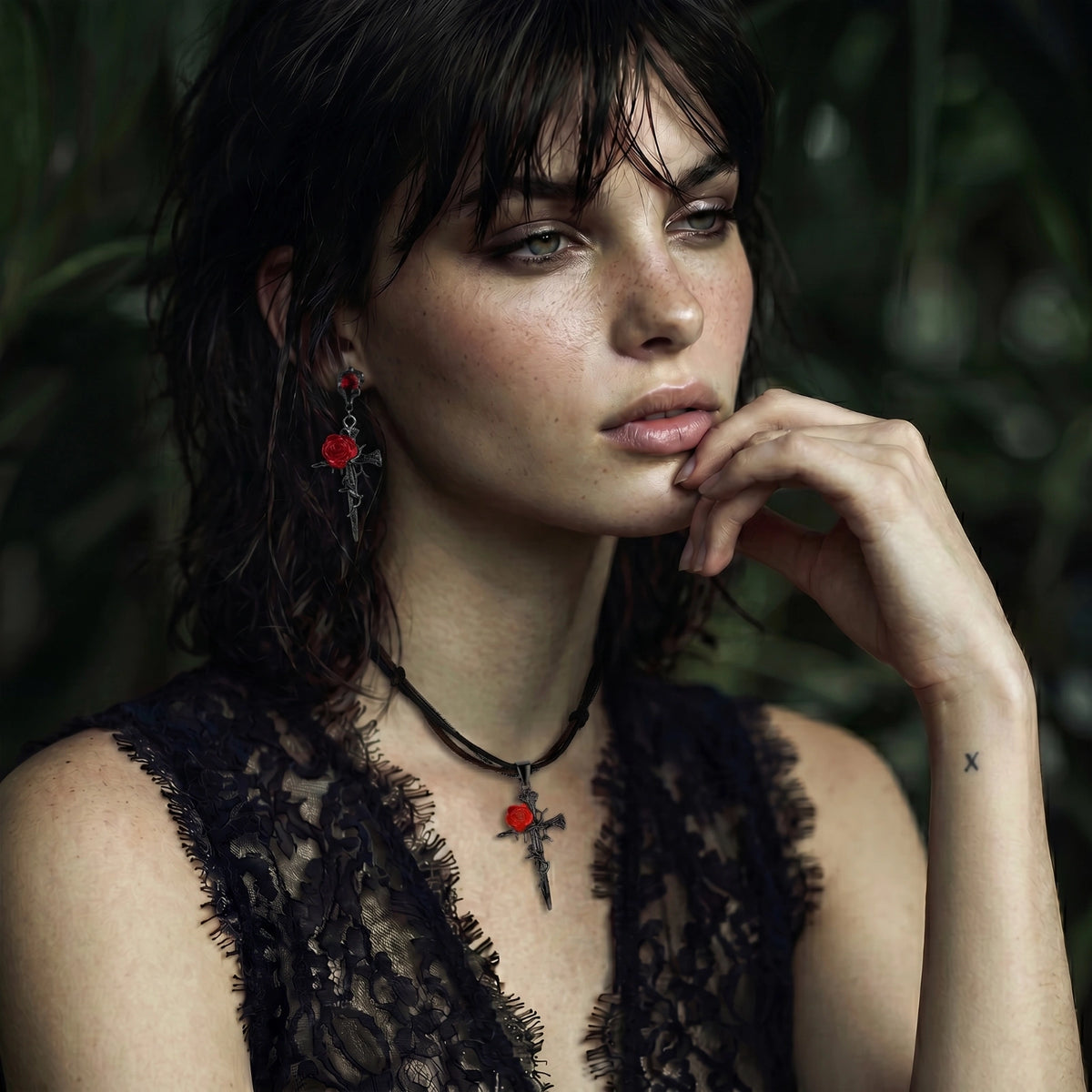 Nevermore Thorned Rose Cross Set by Angelus Noctra