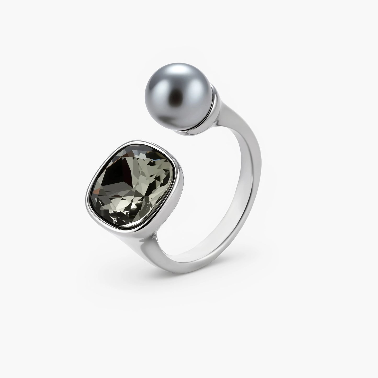 Modern adjustable ring with smoky zircon stone and metallic sphere in platinum-plated copper finish on neutral background.
